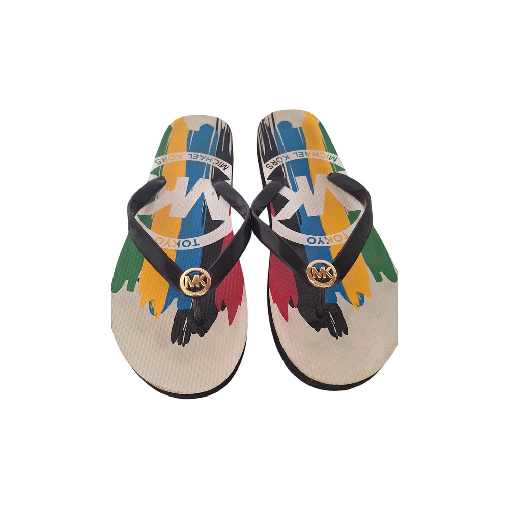 Michael Kors Tokyo Multi Color Graphic Logo Flip Flops Black Straps Size 9